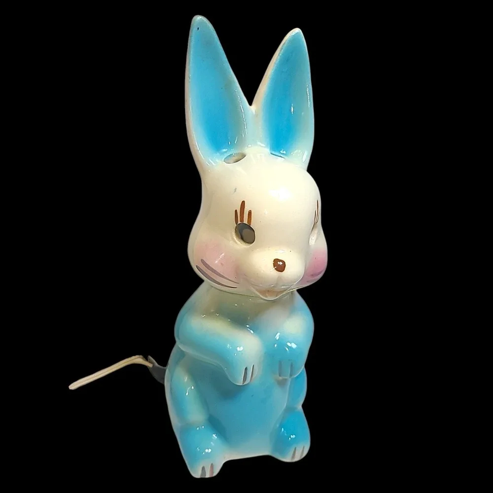 Vintage Porcelain Bunny Rabbit TV Lamp Blue White Light‎ Easter Spring Decor